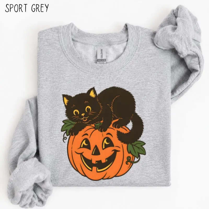 Halloween Cat Sweatshirt, Vintage Black Cat Pumpkin, Cute Spooky Season Sweatshirt