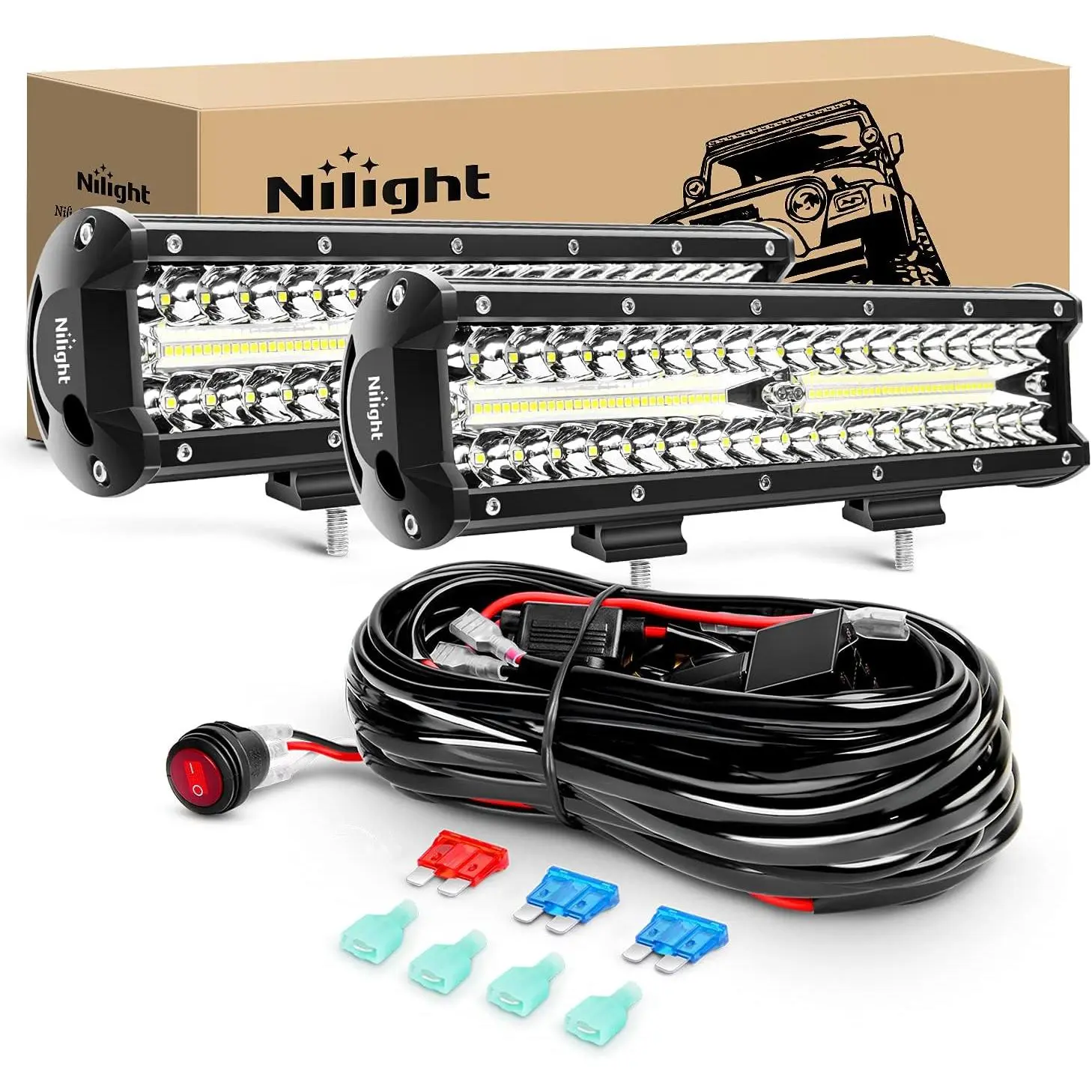 Nilight Aluminum LED Light Bar Kit, 2Pcs 12In 300W Triple Row Spot-Flood Combo Beam 30000LM Driving Lights, 2-Lead Off-Road Wiring Harness, Rain-Resistant Truck Accessories for Trucks, Motorcycles, Ships, Yachts