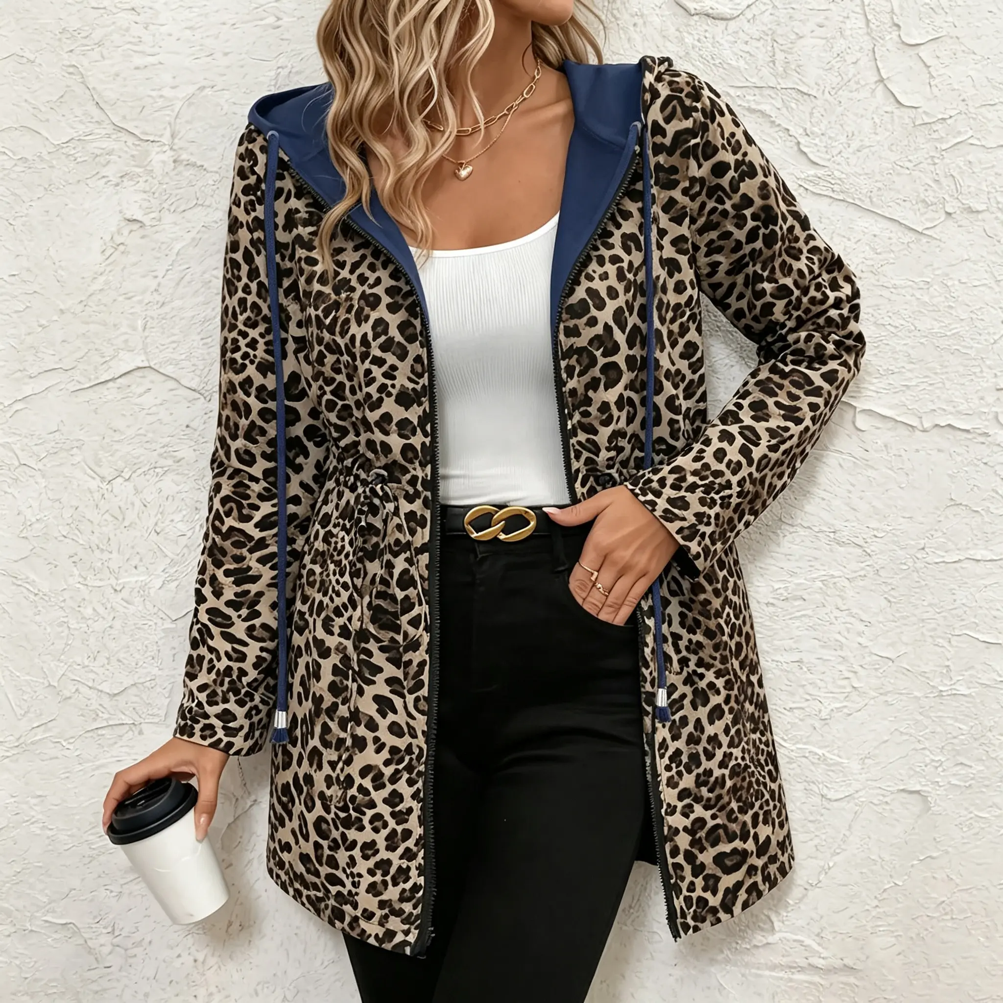 Women's Fitted Casual Street Longsleeves Hooded Jacket - Spring/Autumn Coats, Leopard Print Pockets, Double-Sided Wear, Zipper-Closure Tops, Lightweight Women's Outerwear,sohochic