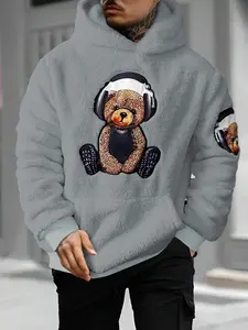 Men's Cartoon Bear Embroidery Pocket Fuzzy Knitted Hoodie, Fitted Casual Long Sleeve Hooded Sweatshirt for Fall & Winter, Men's Clothes for Daily Wear