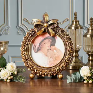 European Style Resin Five-Petal Bow Round Frame, Antique Desktop Mini Photo Frame, Home Decor for Holidays, Weddings, Parties