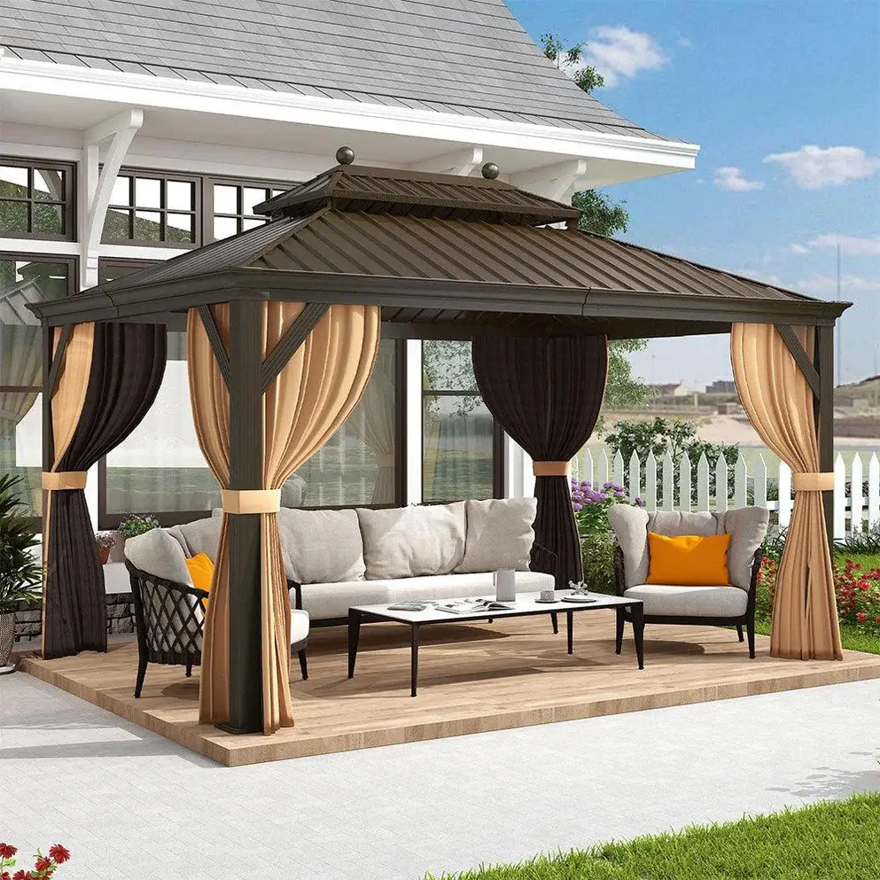 PURPLE LEAF 10'x14' Outdoor Hardtop Gazebo - Sturdy Double Roof Aluminum Frame, Bronze Lounge Design, UV-Protective Outdoor Furniture Set for Garden Patio, Grills, Hot Tub