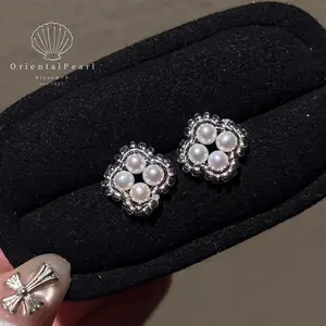 E34-Lucki Clover Natural Pearl Stud Clover four Leaves Design White Color Genuine Freshwater Pearl Stud Earring