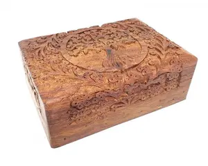 Tree of Life Hand Carved Wood Box 5"x7" Gift Organiser