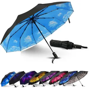 Compact Travel Umbrella, Automatic Open/Close Windproof Umbrella, 10 Fiberglass Ribs, 210T Pongee, UPF 50+ Sun/Rain, Lightweight Portable Umbrellas Travel Size with Carry Sleeve