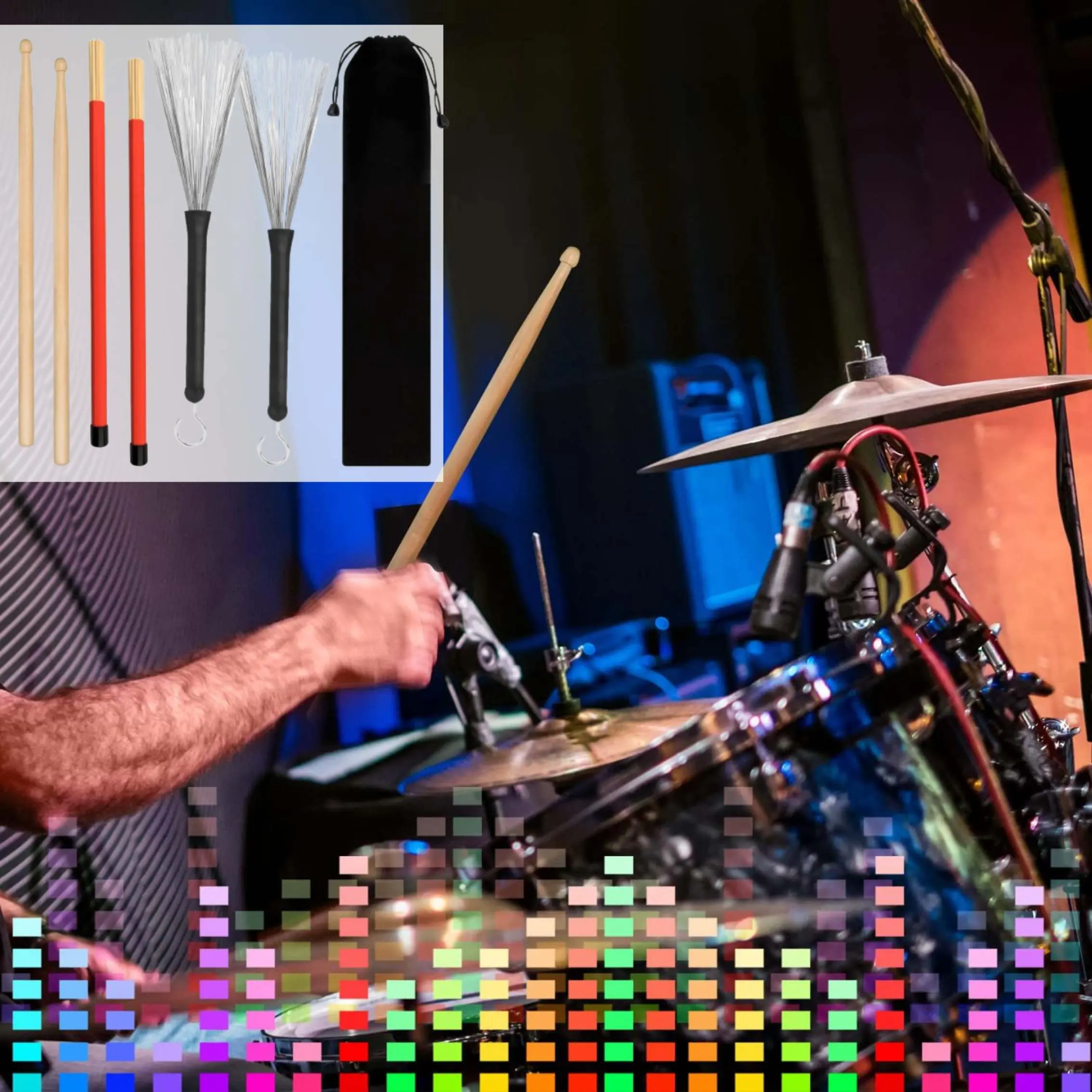 Drum Sticks Set Included 1 Pair retractable Drum Wire Brushes, 1 Pair Rods Drum Brushes Sticks, 1 Pair 5A Maple Wood Drum Sticks and 1 Piece Portable Storage Bag