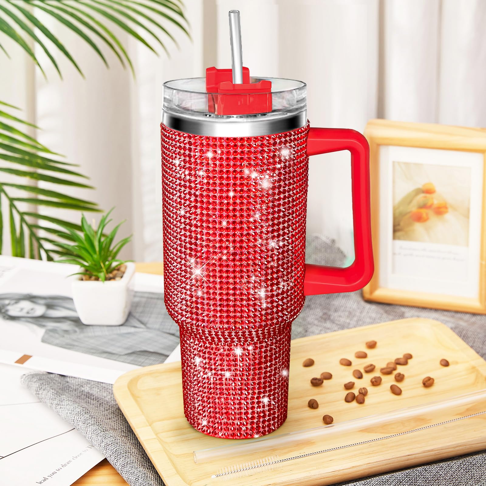 40oz Bling Rhinestones Tumbler with Handle - Sparkly Stainless Steel Water Bottle for IceCoffee, Must-Have CarAccessories & GymEssentials, Diamond Studded Cup for Women, Cute Birthday Gifts