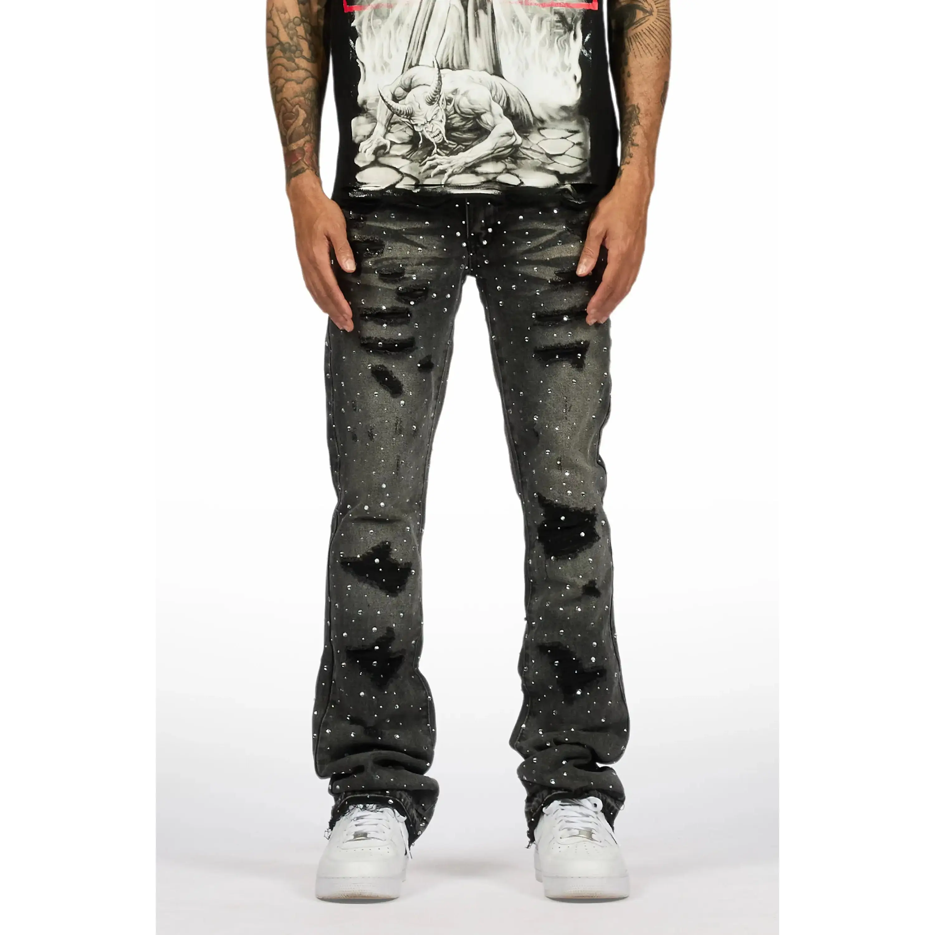 Stunt Dark Grey Rhinestone Stacked Flare Jean