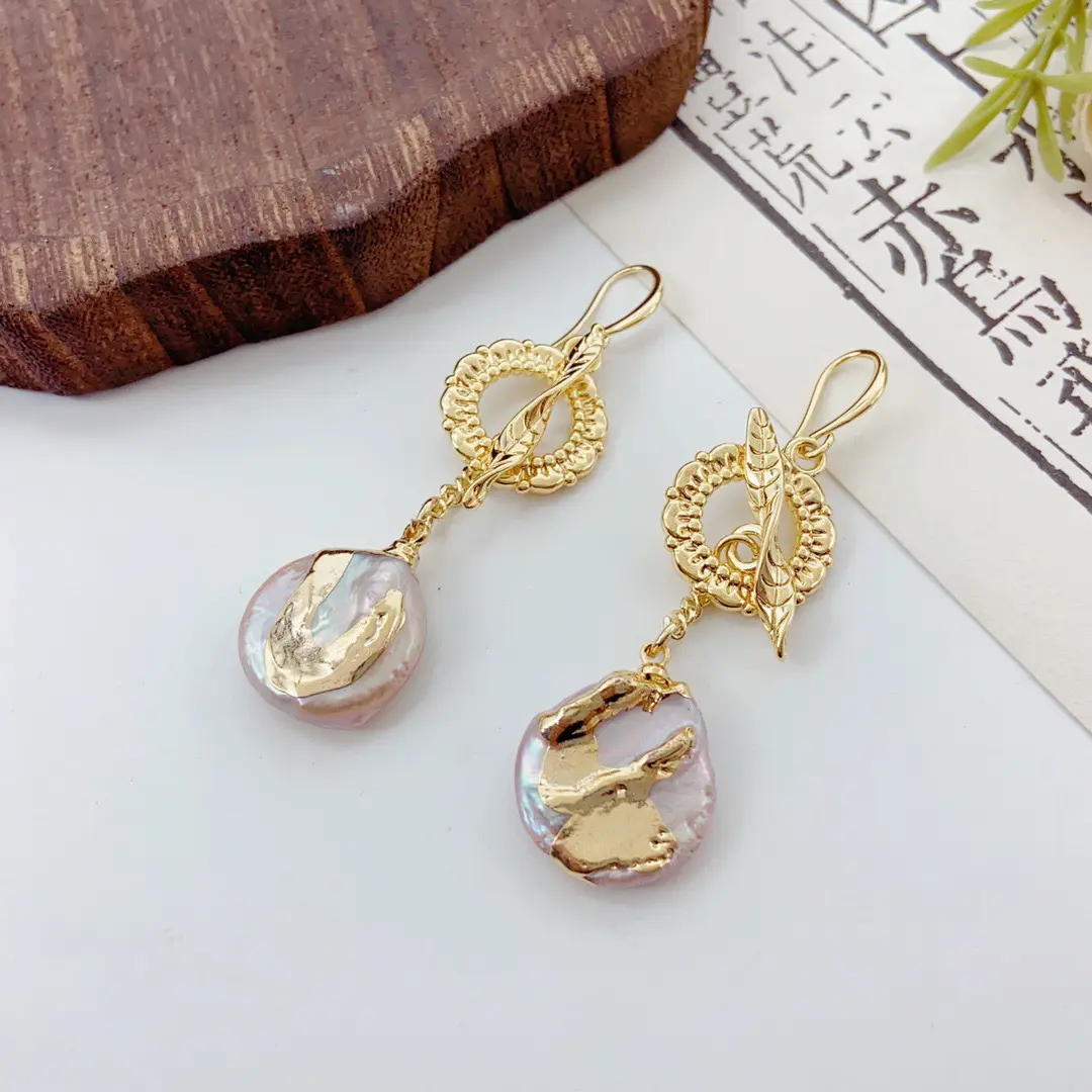 14K Gold Filled Leaf Hoop Baroque Freshwater Pearl Drop Earrings Handmade Irregular Coin Pearl Dangle Earrings Hypoallergenic Unique Jewelry Gift For Women