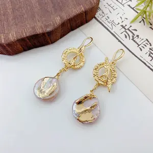 14K Gold Filled Leaf Hoop Baroque Freshwater Pearl Drop Earrings Handmade Irregular Coin Pearl Dangle Earrings Hypoallergenic Unique Jewelry Gift For Women