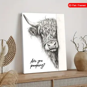 Funny Highland Cow Bathroom Wall Art, Western Wall Art, Rustic Farmhouse Wall Decor, Humorous Canvas Print, Cute Animal Art, Framed, Ready to Hang