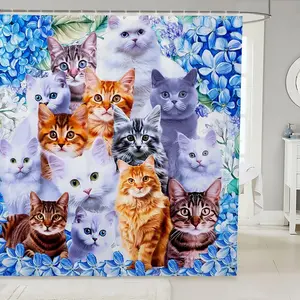 Cute Cat Kitten Print Waterproof Fabric Bathroom Shower Curtain With Hooks, Animal Themed Design for Cat Lovers Boys Girls, 72Wx72L Inch