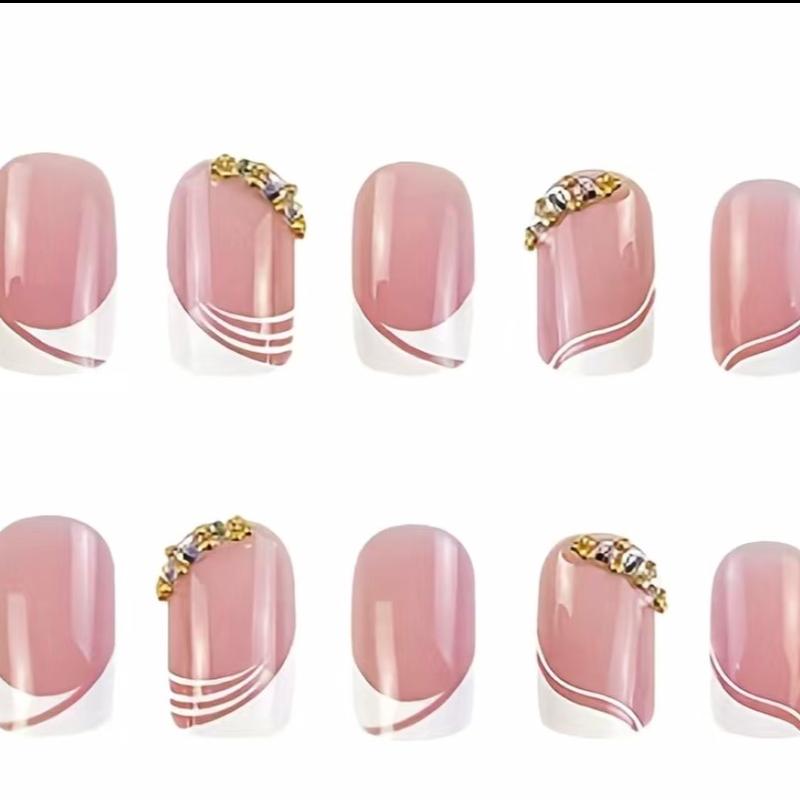 24 Pcs French Tip Press On Nails Short Square Fake Nails Nude Pink Glue On Nails With Rhinestones Designs Medium French Acrylic Nails White Nail Tip Artificial Nails For Women Nail Art Decorations Nail Care Nail Polish Polish Manicure Cutics Cosmetic