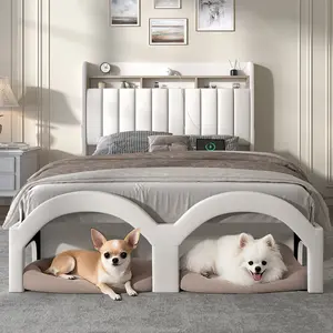 SIBEDS Full LED Galaxy Bed Frame Set with 2 Storage Drawers & 2-Tier Headboard, PU Upholstered Platform Bed with Ambient Lighting, Pet Rest Area, No Box Spring Needed – Cozy Bedroom Furniture Room Decor