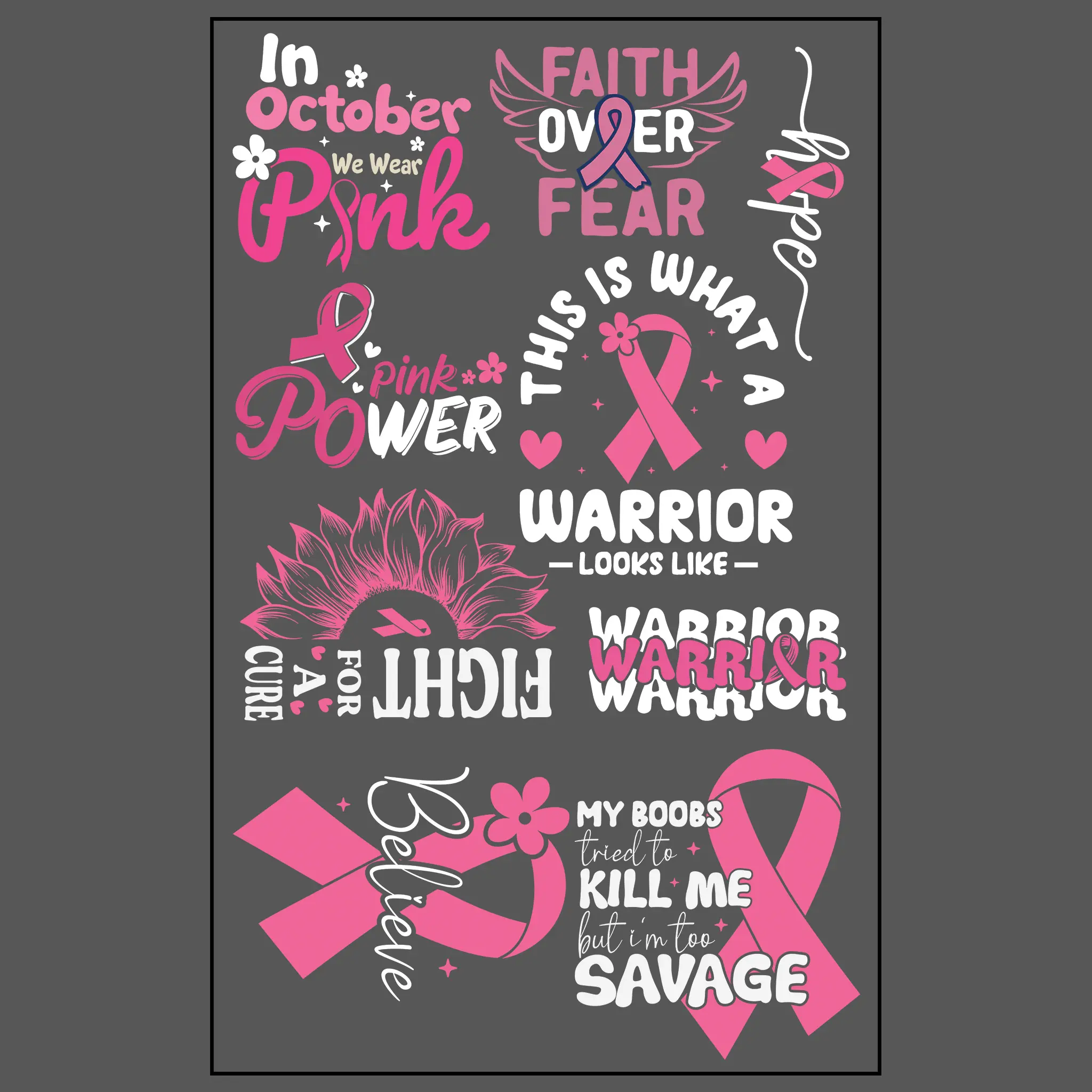 Breast Cancer Awareness DTF Transfers 22 x 36 Gang Sheet DIY Direct to Film T Shirt Transfers with Stronger Than Cancer Graphics for Warrior Fight