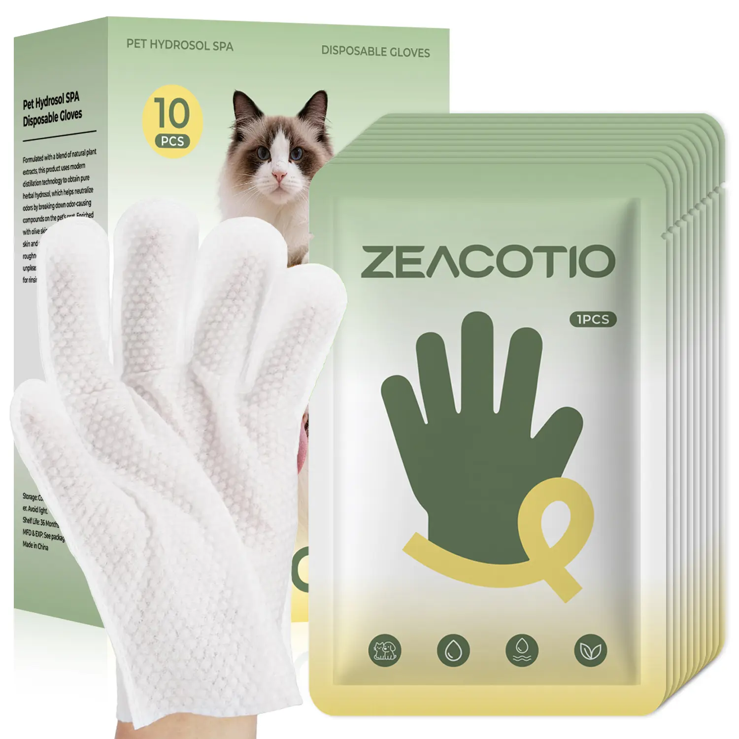 ZeaCotio 10 PCS Pet Cleaning Glove Wipes, Disposable Grooming Wipes for Dogs and Cats, Soft Wet Gloves for Paw, Coat, Face and Body Cleaning, Easy Pet Care Wipes for Home and Travel-3