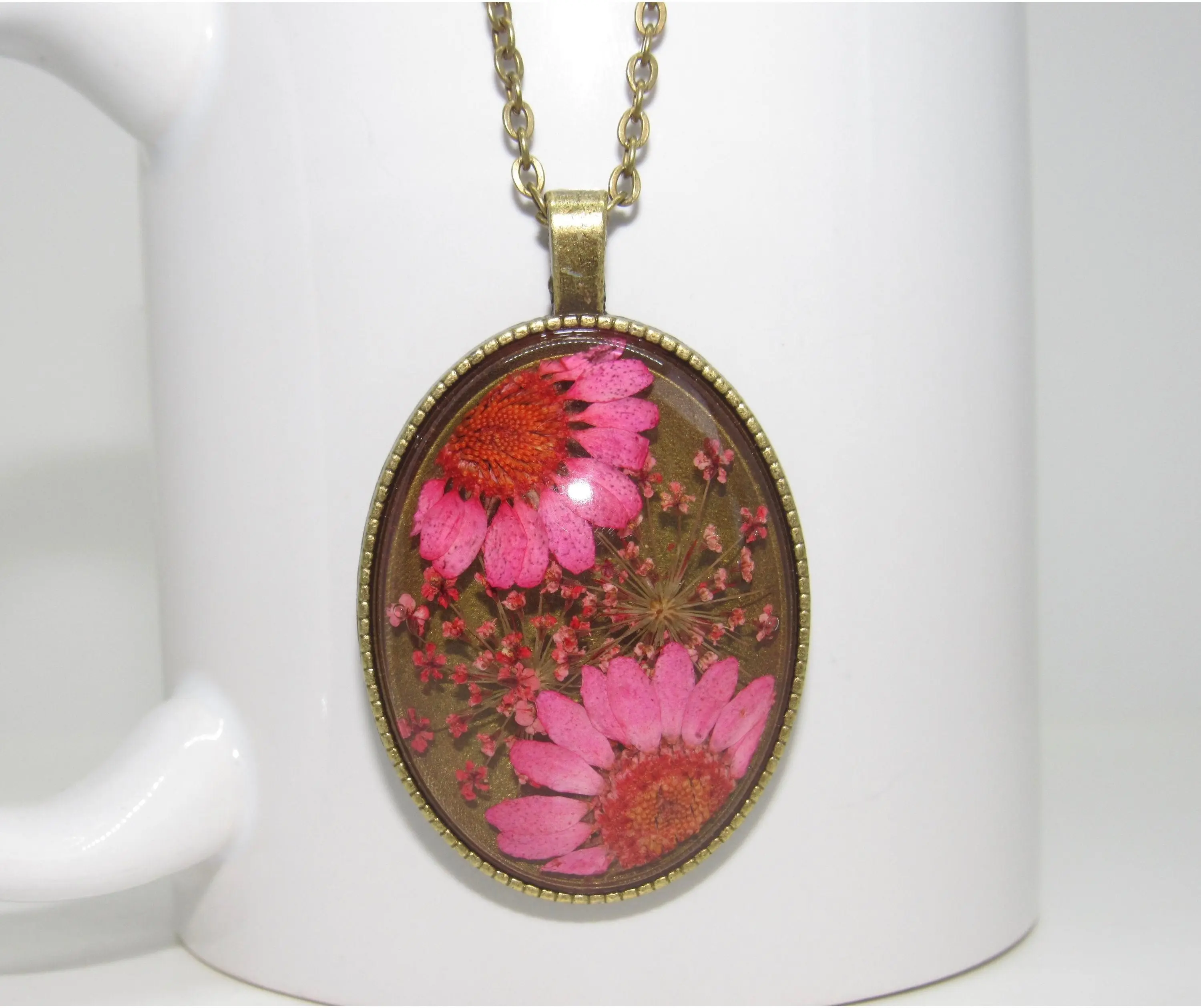 Natural Pressed and Dried Flowers Necklace Encased in Resin