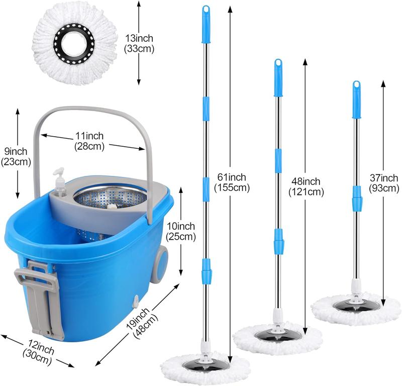 Colorful 360° Spin Mop and Bucket Set with 3 Microfiber Refills 61in Stainless Steel Adjustable Extendable Pole Plastic Bucket for General Cleaning