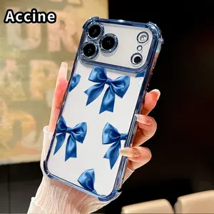 Phone Case for iPhone 17 16 Pro Max 15 Plus 14 13 12 11 E Air Blue Satin Bows Pattern Anti-drop Durable Total Protective Shockproof Transparent Cover Casing
