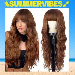 SummerVibes AISI HAIR Auburn Wig with Bangs Long Wavy Ginger Wig Natural Looking Heat Resistant Synthetic Curly Full Wigs for beginners Women Daily Use Highlight Brown Wig