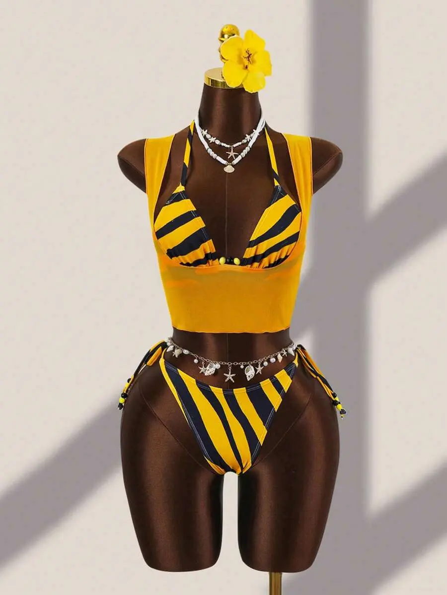 Zestiva Women's Yellow Summer Casual Beach Holiday Vacation Holiday Halter Tie Beaded Decor Backless Bikini 3 Pieces Set Outfits Rave Two Piece Set