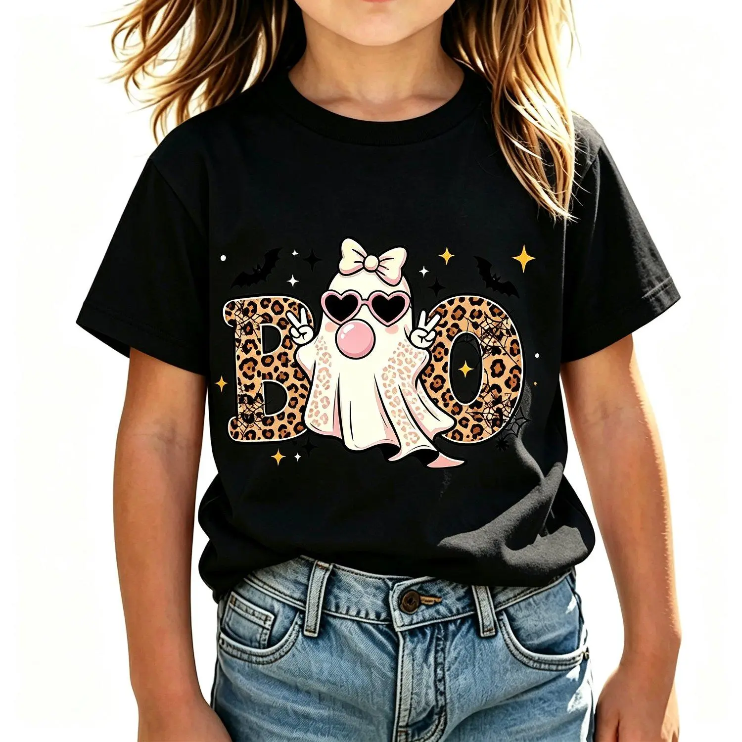 Toddler Girl Pure Cotton Graphic Print Tee - Relaxed Fit, Basic Look, Boo Ghost, Pink Bow, Heart Shades, Bubblegum Leopard Letter, Soft, Safe Materials Kids' Fall Halloween Top