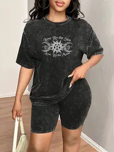 Spring & Summer Plus Size Sports Two-Piece Set with Letter Print, Tie-Dye Washed Vintage Short Sleeve T-Shirt and Shorts, Plus Size Women's Jogging Outfit