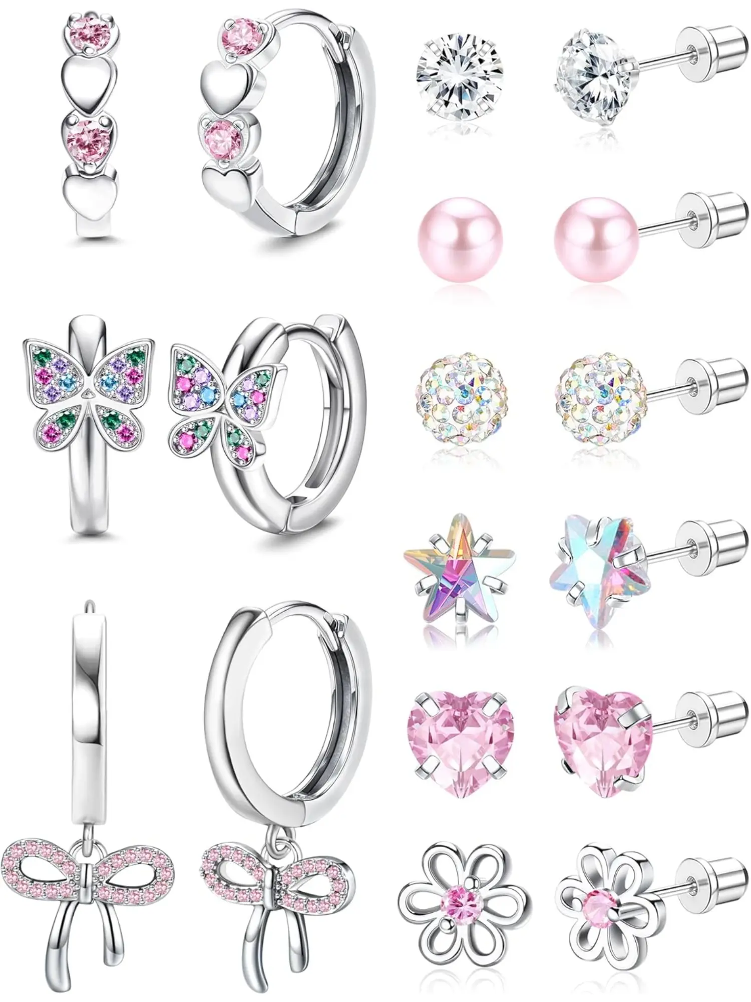 Vivid 9 Pairs Pink Hypoallergenic Huggie Hoop Stud Earrings Small 304 Surgical Steel Earrings for Women Men Cute Heart Butterfly Dangle Earrings Pink Colorful CZ Star Flower Screw Back Stud Earrings