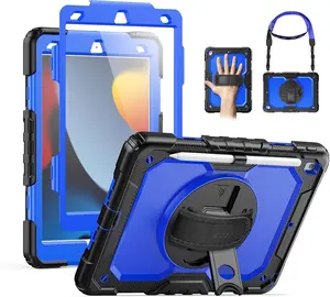 SEYMAC iPad 9th/8th/7th Gen 10.2" Case 2021-2019 Full Body Shockproof Heavy Duty with Screen Protector Rotating Stand Handle Shoulder Strap Black Blue