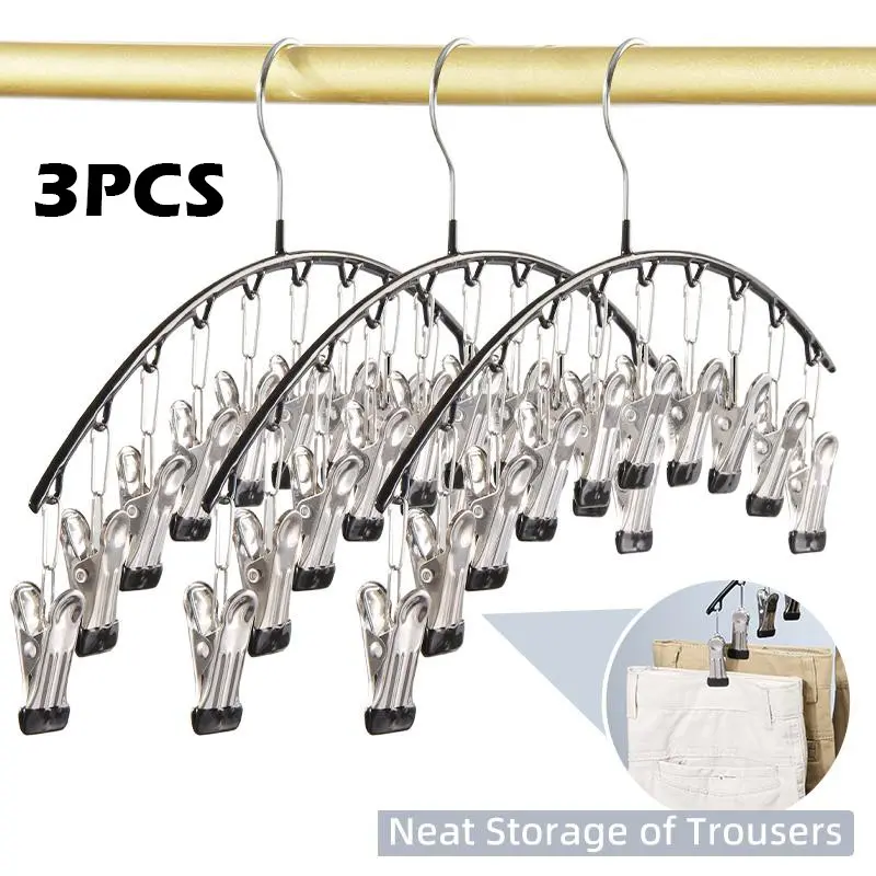 3-Piece Multi-Functional Metal Hanging Pants Hangers with Clips, 10 Clips, Anti-Slip Closet Organizer, Space-Saving Storage Rack for Bedroom, Bathroom, Dorm, Travel