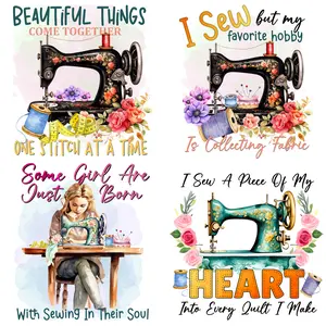4/12-pack sewing machine DIY theme iron-on applique patch T-shirt heat transfer DIY for clothing, T-shirts, masks, jeans, backpacks, hats, pillows easy heat press decals suitable for personalized style washable heat transfer stickers