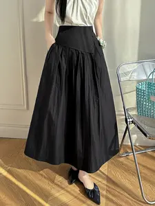 Spring Summer New Design Chic Women's High Waist Fit Solid A-Line Skirt, Back Elasticity Medium-Length Pleated Skirt, Fashionable & Comfortable