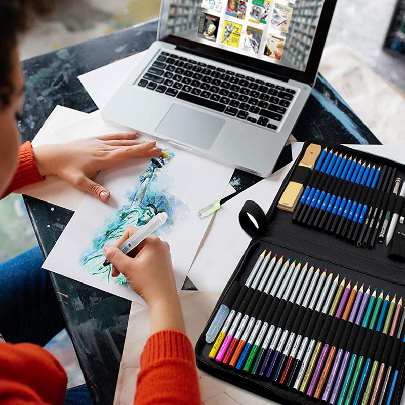 NIL-Tech 55-Piece Premium Drawing & Coloring Art Kit - Charcoal andGraphite Pencils, Watercolor Pencils with Water Brush, Travel Sketchbook, Digital Tutorial Library