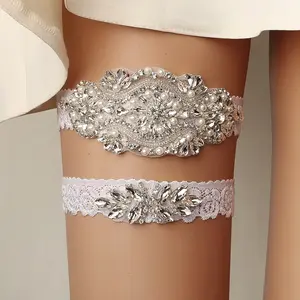 Faux Pearl And Rhinestone Garter | Wedding Garter Belt With Toss Garter | Perfect For A Bridal Lingerie Gift | Something Blue For Bride | Sexy Sequin Garter With A Lace Band 2pcs/pcak