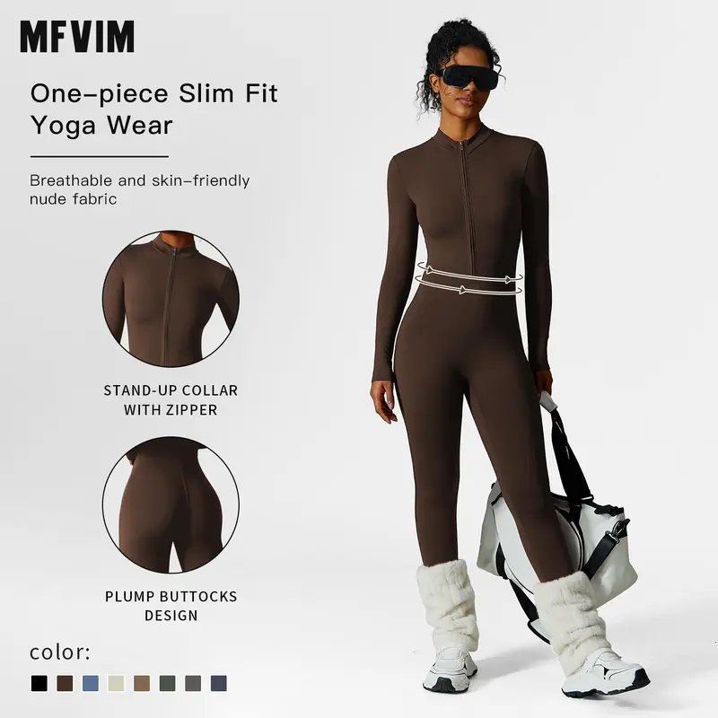 MFVIM Women's Fitted Long Sleeve Stretchable Solid Color Jumpsuit - Nylon-Elastane, Zipper Closure, Quick Outfit Changes, Athletic Training Apparel, Fitness Outfits, Athleisure Women's Sports Jumpsuits, Cold Wash, Machine Wash, Do Not Dry Clean