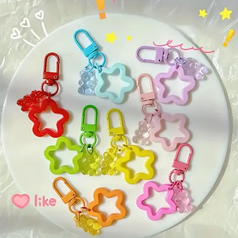 8/24Pcs Cute Bear Star Acrylic Keychain - Colorful Resin Charms for Bags, Cell Phones and Gifts - Ideal Party Gifts, Birthday Gifts, etc., Small, Five-pointed Star, Pendant, Keychain Set, Trendy Cute Keychain, Best for Christmas
