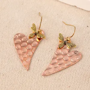 Boho Heart Leaf Bee Drop Earrings - Copper Pendant Jewelry for Women with Detailed Bee Charm