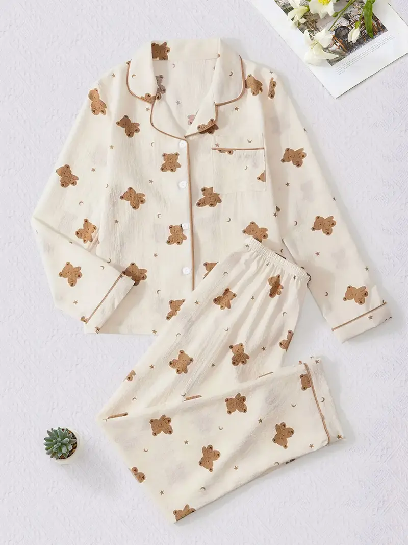 Cute Women's Bear Print Pajama Set, Simple Casual Star Moon Print Long Sleeve Sleepwear with Straight Leg Pants Two Piece Set Sleep Sets