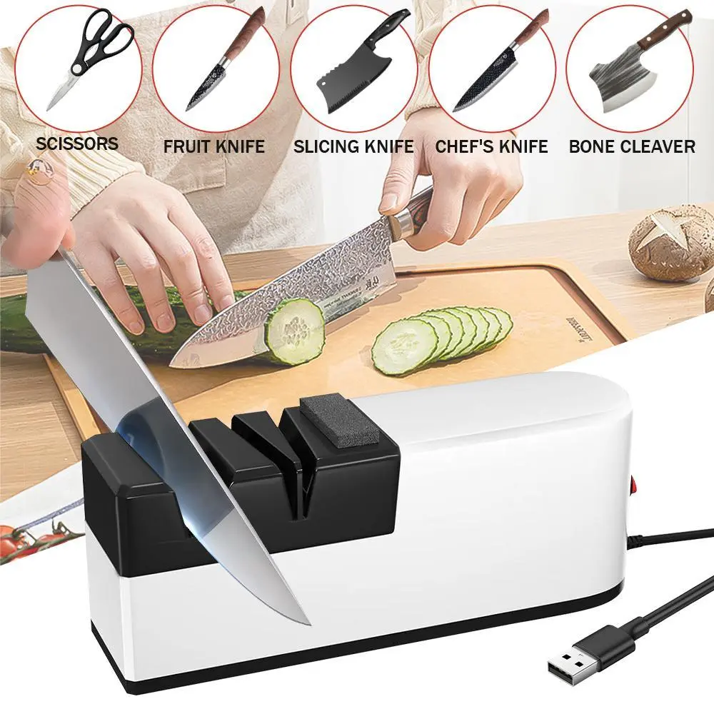 【BackToSchool】Ergonomic Automatic Electric Knife Sharpener - Compact 20cm x 7.5cm Ceramic & Tungsten Steel Kitchenware Tool with Non-Slip Design, Stainless Steel & ABS Rectangular Body for Home Kitchen Knives, Blade Repair