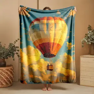 1 piece Hot air balloons flying in the blue sky with golden clouds. themed flannel blanket - Oversized fluffy flannel sofa blanket, suitable for beds and sofas, modern design, all-season use, digitally printed pattern, 100% polyester material