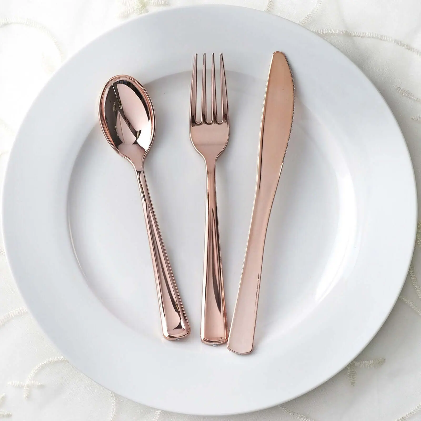 30-Pack Disposable Plastic Cutlery & Tableware Set - 7" and 8" Metallic Rose Gold Classic Heavy Duty Silverware