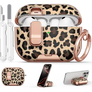 Leopard Print AirPods Pro 3 Case 2025 with Safety Lock & Phone Stand for Women Girly iPod Pro 3 Case Cover Keychain & Cleaner Kit Lightweight Wireless Earbuds Neckband Wireless Earbuds Protection Audio Headphones