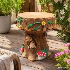 12.6" Resin Squirrel Art Deco Garden Chair, Forest Theme Tree Stump Round Accent Chair, Unique Indoor-Outdoor Decorative Furniture for Backyard, Patio Wood