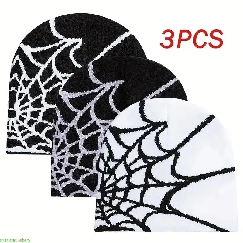 3 Pack Skull Beanie Set, Y2K Goth Spider Web Jacquard Hat, Dual Tone Stretch Thermal Skully Cap, Multi Color Unisex Street Headwear For Skate Fits, Rave Gatherings, Commutes And Cold Outdoor Outfits