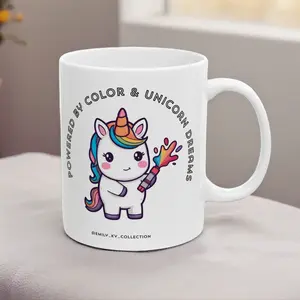 Powered by Color & Unicorn Dreams Illustration Mug | Ceramic Coffee Cup, 11oz - WHITE