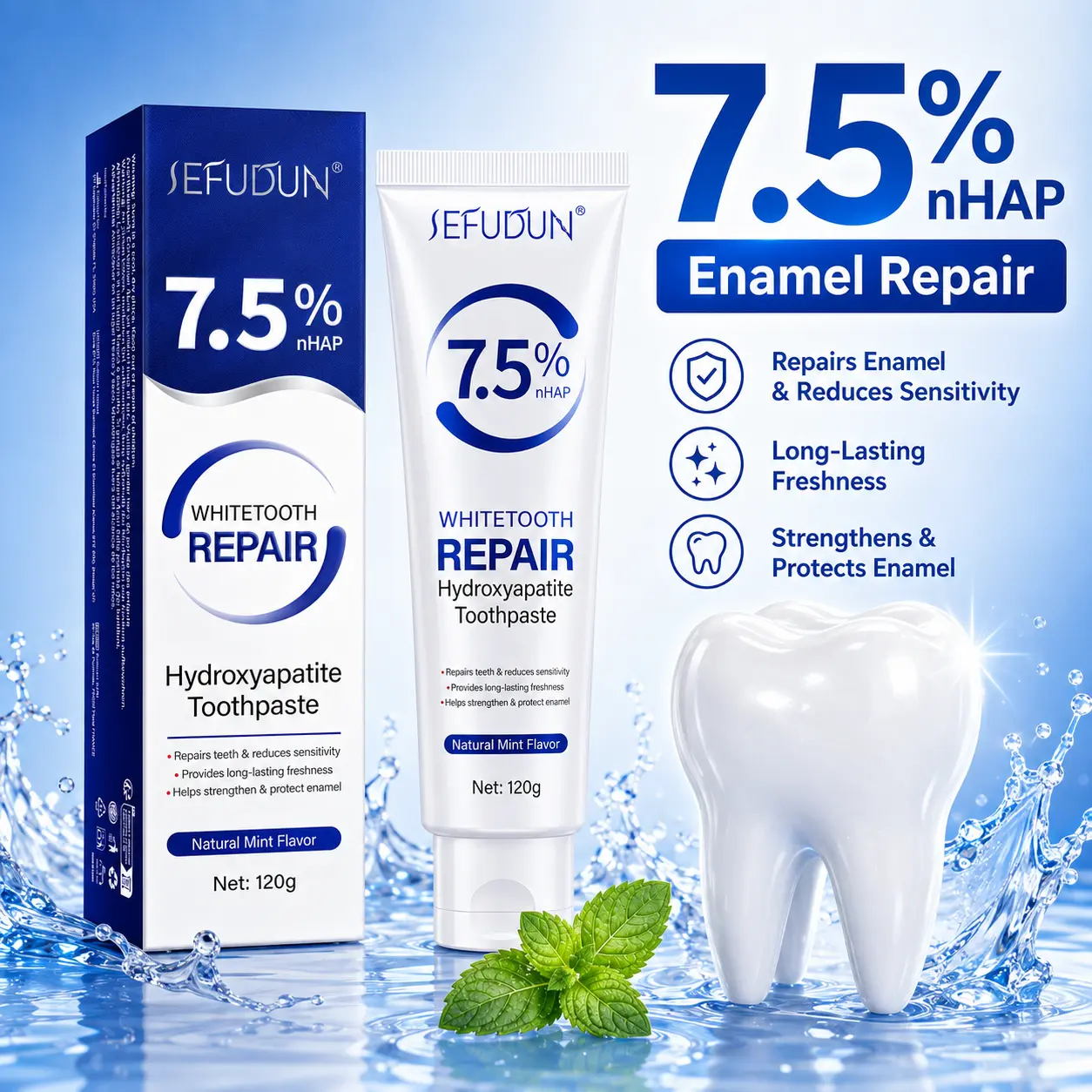 7.5% nHAP Remineralizing Toothpaste Fluoride Free, Mild Mint Gentle Care for Sensitive Teeth & Gums, Household Oral Care 120g