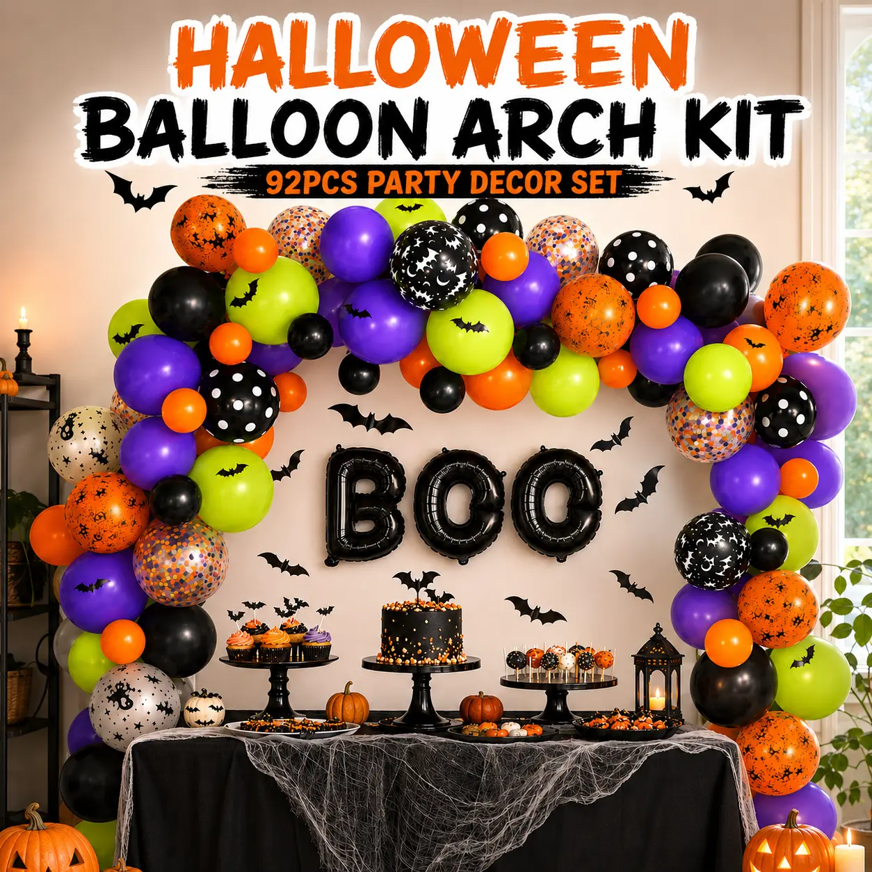 92 Pieces Spooky Halloween Balloon Arch Set – Orange, Black, Purple, Green Latex Balloons with Bat Stickers, Easy-to-Assemble Backdrop Decor for Halloween Occasion