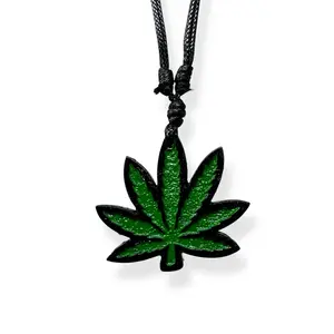 Marijuana Leaf Resin Pendant Necklace – Hand-Painted Green Rasta Style with Adjustable Cord