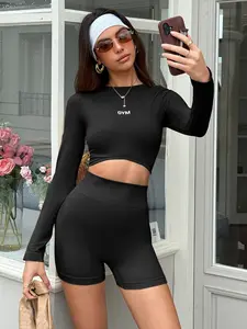 Women's Vintage Fitness Sport Set, Gym Workout Set, Sportswear for Gym, Seamless Craftsmanship Long Sleeve Top and Shorts, High Stretch Fabric, High Elasticity, Perfect for All Seasons, Trendy and Comfortable