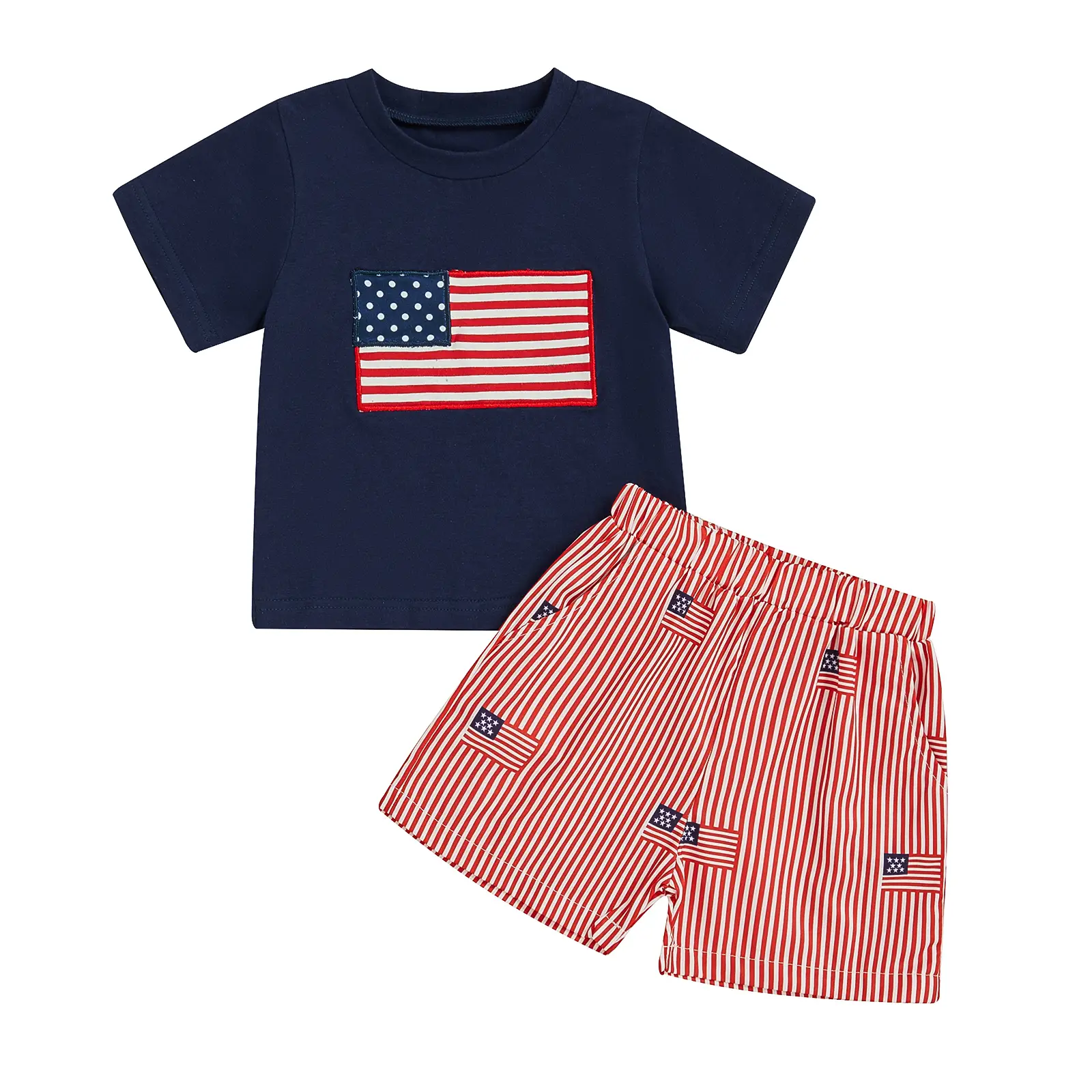 Toddler Boys Independence Day Outfits Flag Embroidery Round Neck Short Sleeve Tops Stripe Elastic Waist Shorts 2Pcs Clothes Set